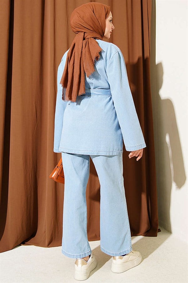 Denim 2 Piece Set with Buckle and Belt, Light Blue