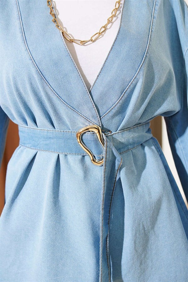 Denim 2 Piece Set with Buckle and Belt, Light Blue