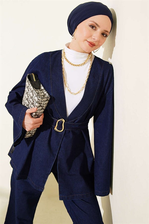 Navy Blue Denim 2 Piece Set with Buckle and Belt