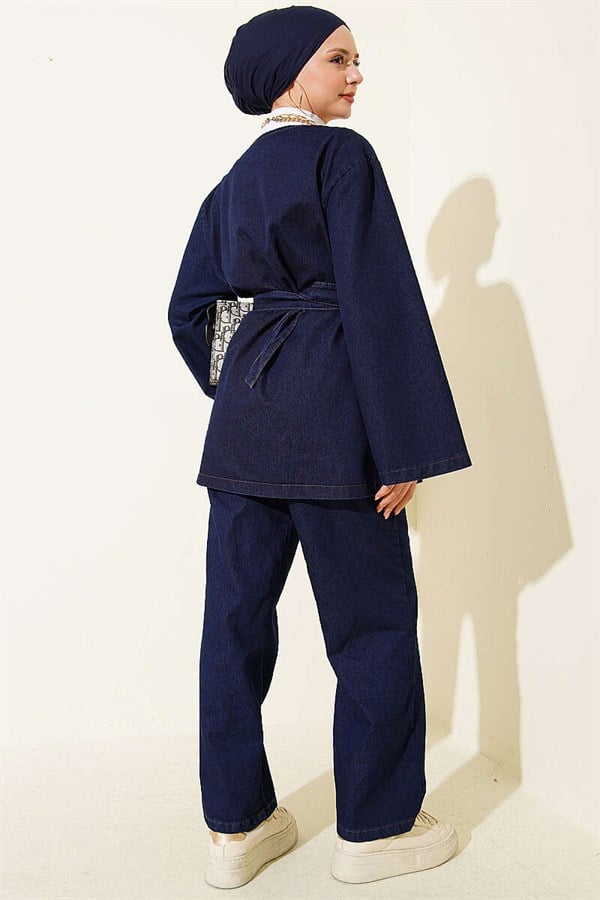 Navy Blue Denim 2 Piece Set with Buckle and Belt