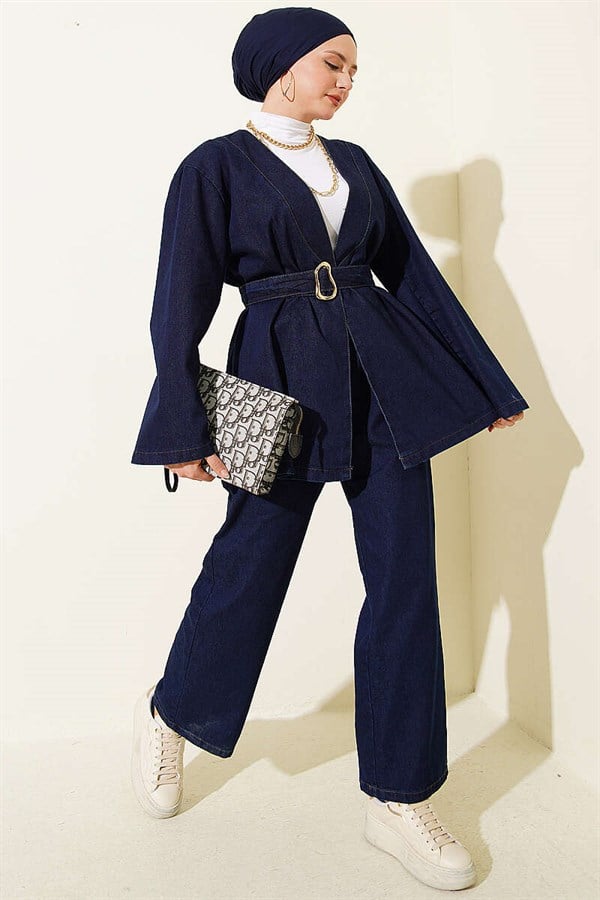 Navy Blue Denim 2 Piece Set with Buckle and Belt
