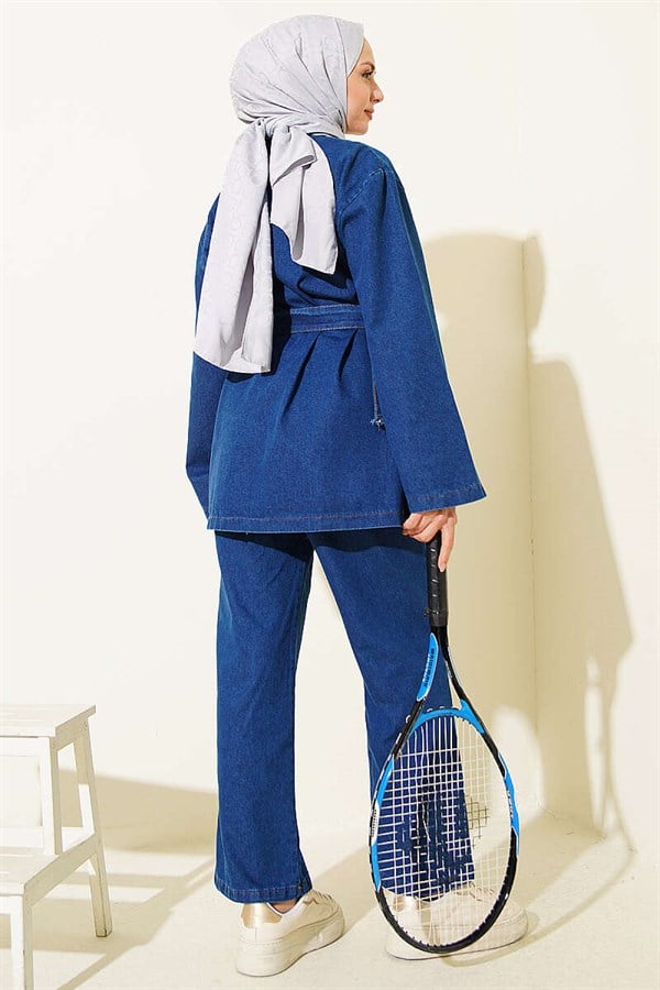 Denim 2 Piece Set with Buckle and Belt, Blue