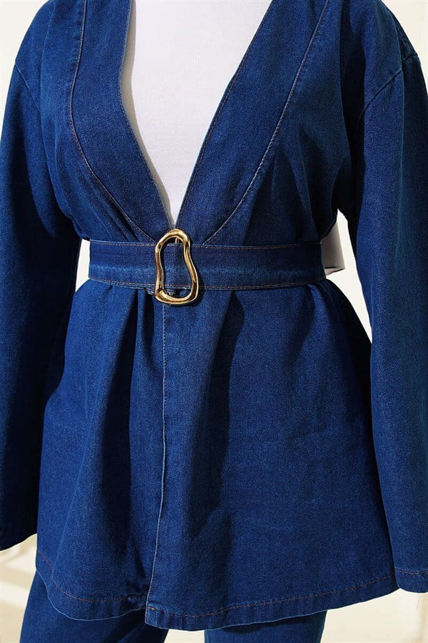 Denim 2 Piece Set with Buckle and Belt, Blue