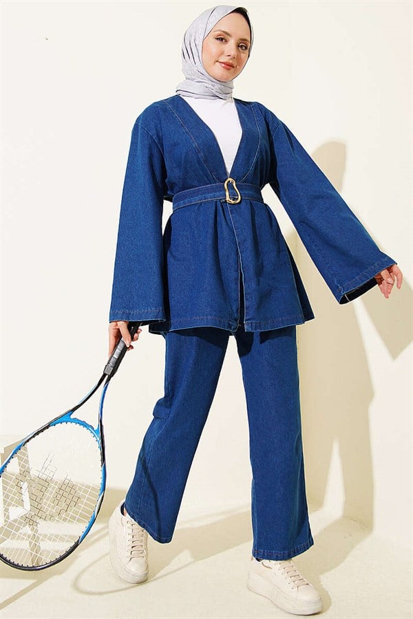 Denim 2 Piece Set with Buckle and Belt, Blue