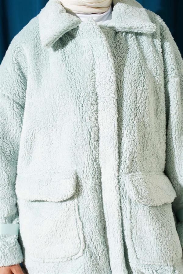 Toylor Zippered Plush Coat Aqua Green