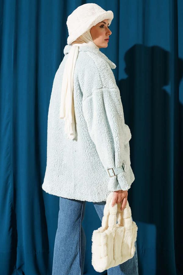 Toylor Zippered Plush Coat Aqua Green