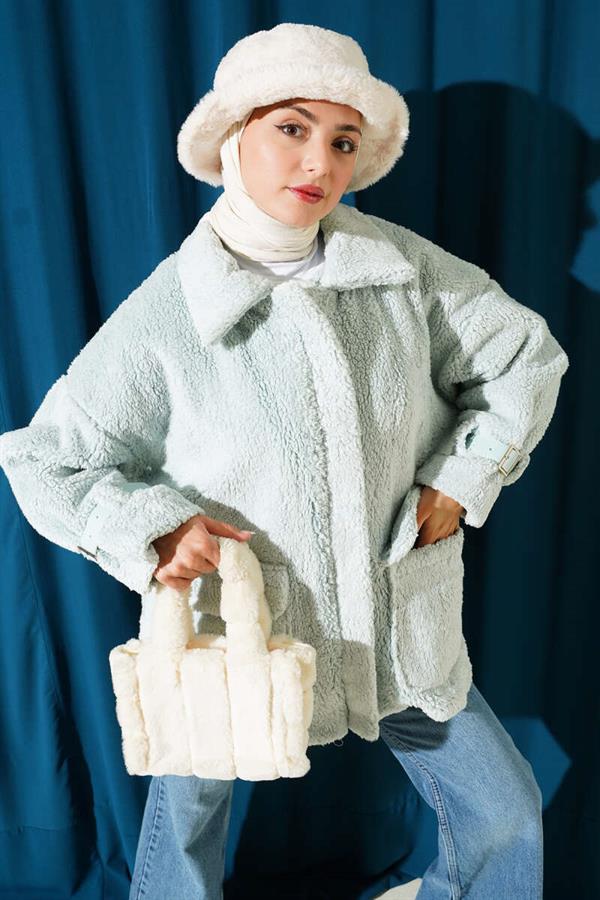 Toylor Zippered Plush Coat Aqua Green