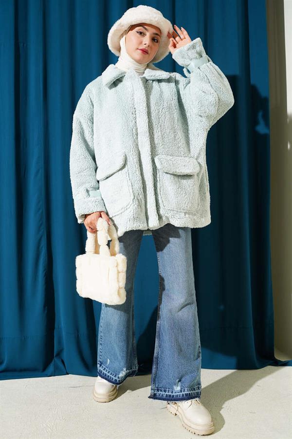 Toylor Zippered Plush Coat Aqua Green