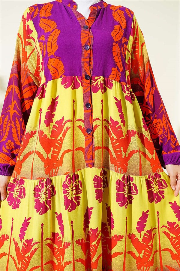 Tropical Patterned Half-Button Dress Purple