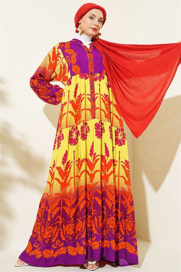 Tropical Patterned Half-Button Dress Purple