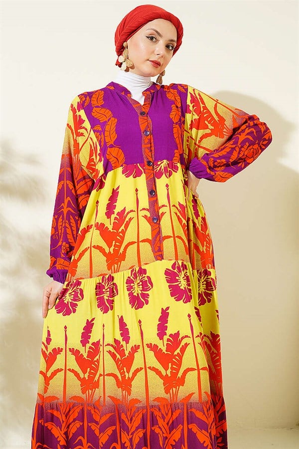 Tropical Patterned Half-Button Dress Purple