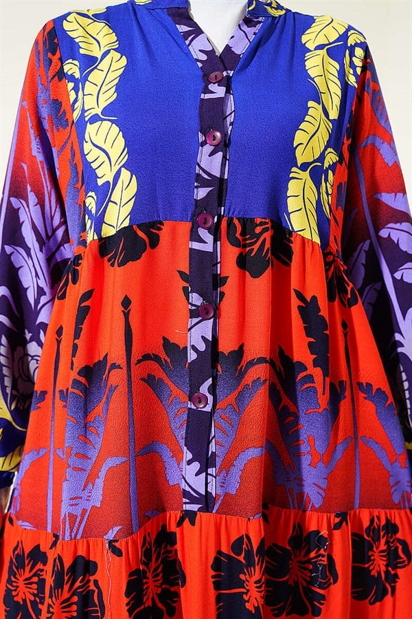 Tropical Patterned Half-Button Dress in Teal
