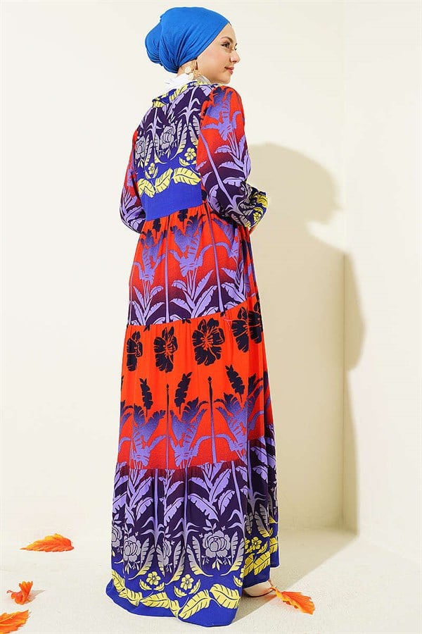 Tropical Patterned Half-Button Dress in Teal