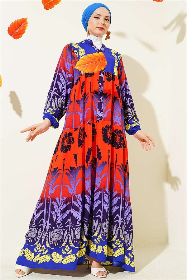 Tropical Patterned Half-Button Dress in Teal