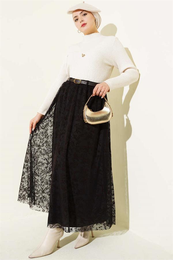 Tulle Floral Belted Skirt Coffee