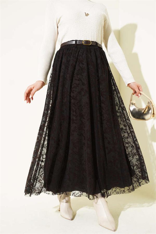Tulle Floral Belted Skirt Coffee