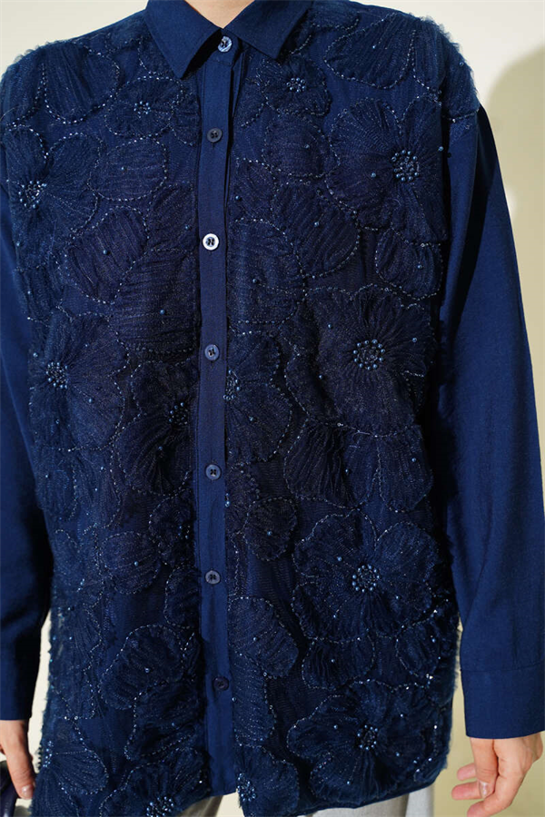 Navy Blue Shirt with Tulle Flowers and Stone Embellishments