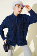 Navy Blue Shirt with Tulle Flowers and Stone Embellishments