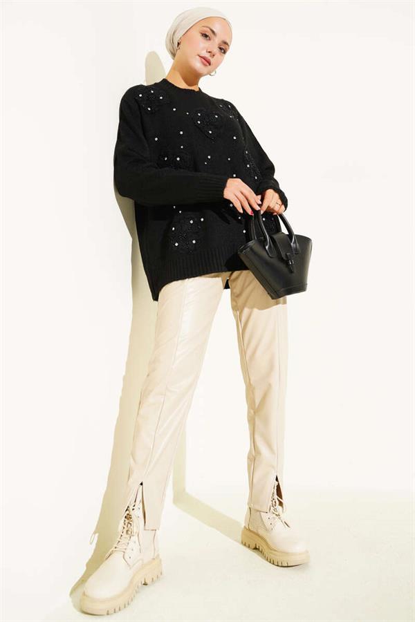 Tulle Floral Stoned Knit Tunic Black