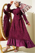 Tulle Detailed Bearded Flared Dress Burgundy