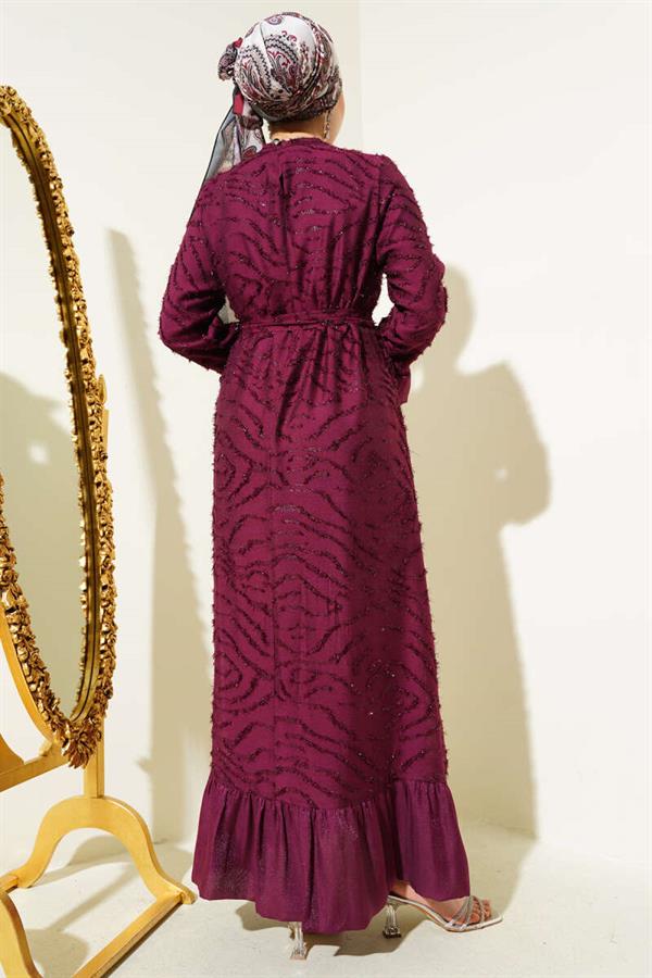 Tulle Detailed Bearded Flared Dress Burgundy