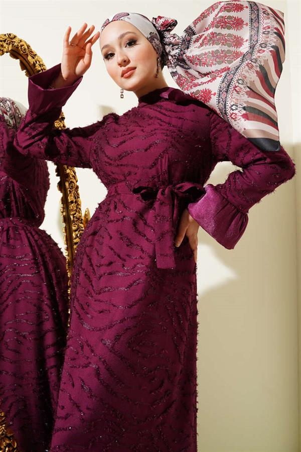Tulle Detailed Bearded Flared Dress Burgundy