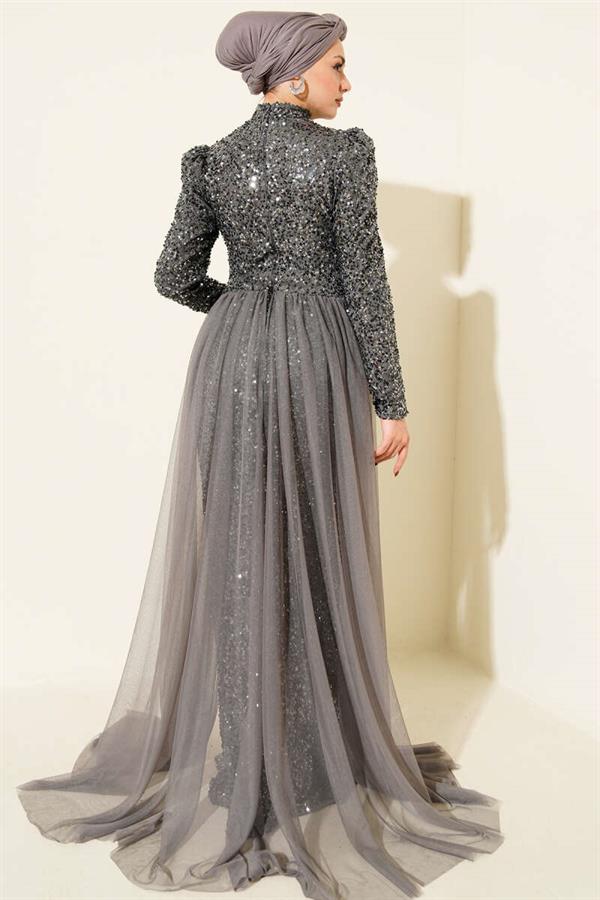 Sequin Evening Dress with Tulle Cape Anthracite