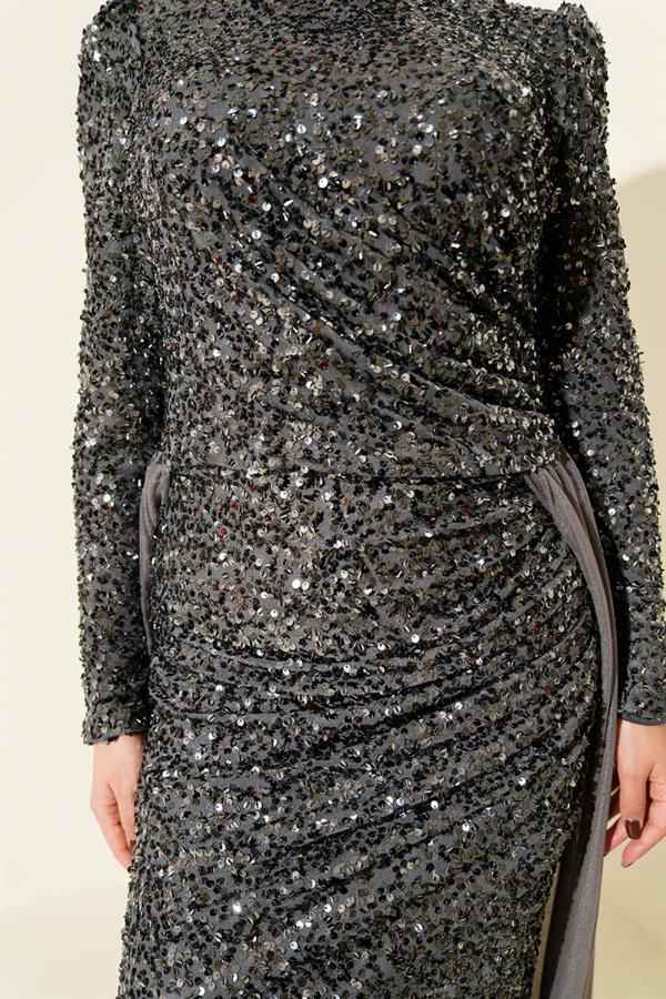 Sequin Evening Dress with Tulle Cape Anthracite