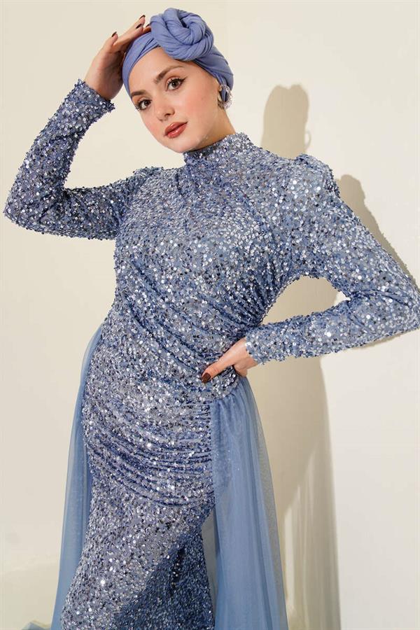Sequin Evening Dress with Tulle Cape, Baby Blue
