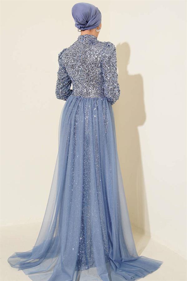 Sequin Evening Dress with Tulle Cape, Baby Blue