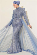 Sequin Evening Dress with Tulle Cape, Baby Blue