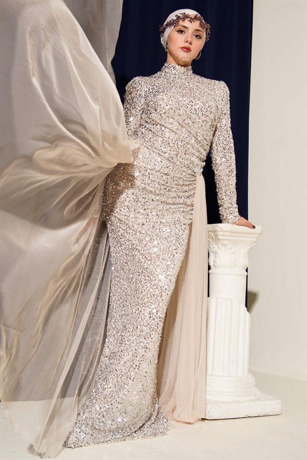 Beige Sequin Evening Dress with Tulle Cape