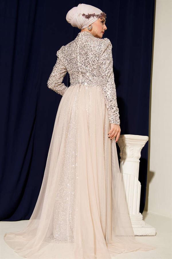 Beige Sequin Evening Dress with Tulle Cape