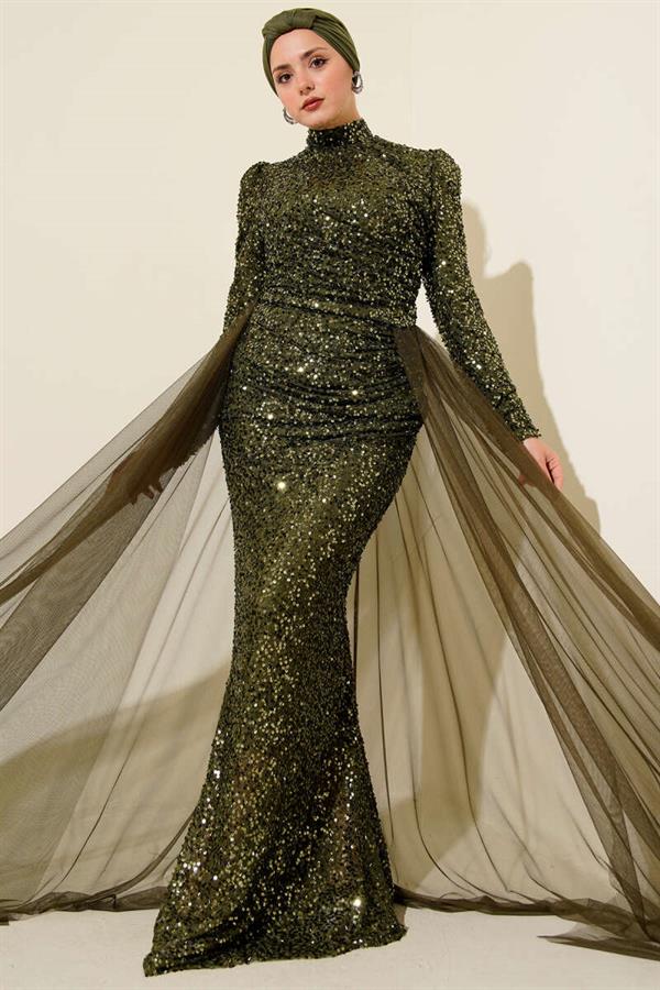 Sequin Evening Dress with Tulle Cape Khaki