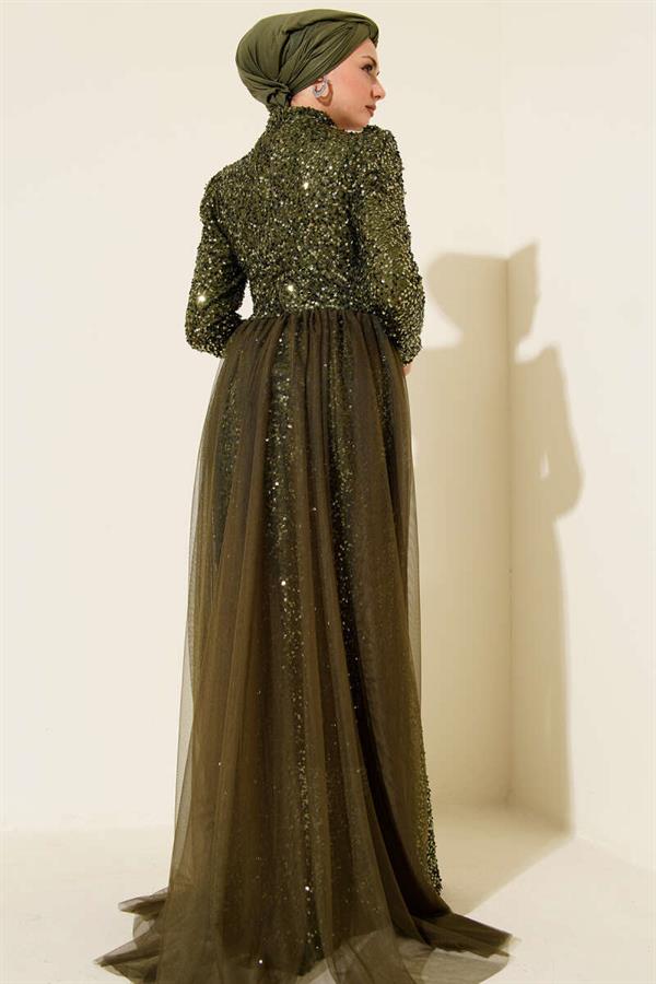 Sequin Evening Dress with Tulle Cape Khaki