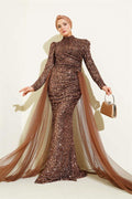 Sequin Evening Dress with Tulle Cape, Brown
