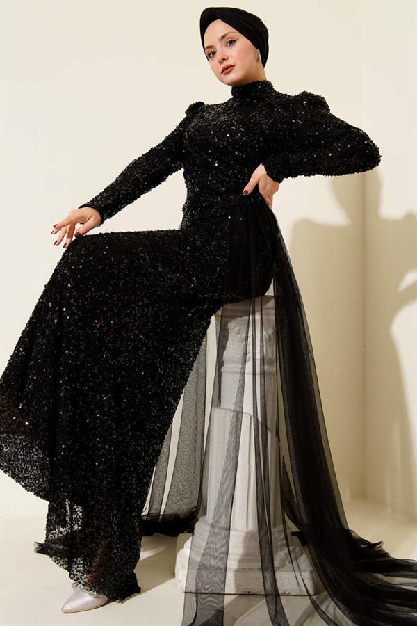 Tulle Cape Sequin Evening Dress Black