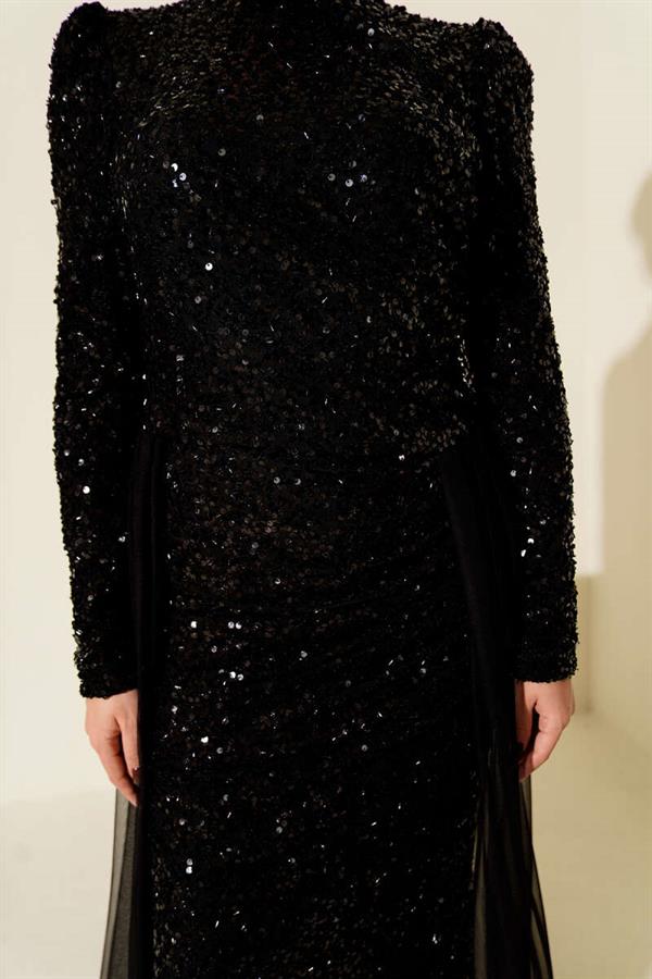 Tulle Cape Sequin Evening Dress Black