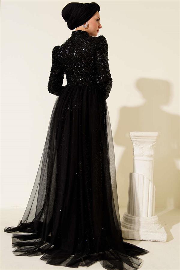 Tulle Cape Sequin Evening Dress Black