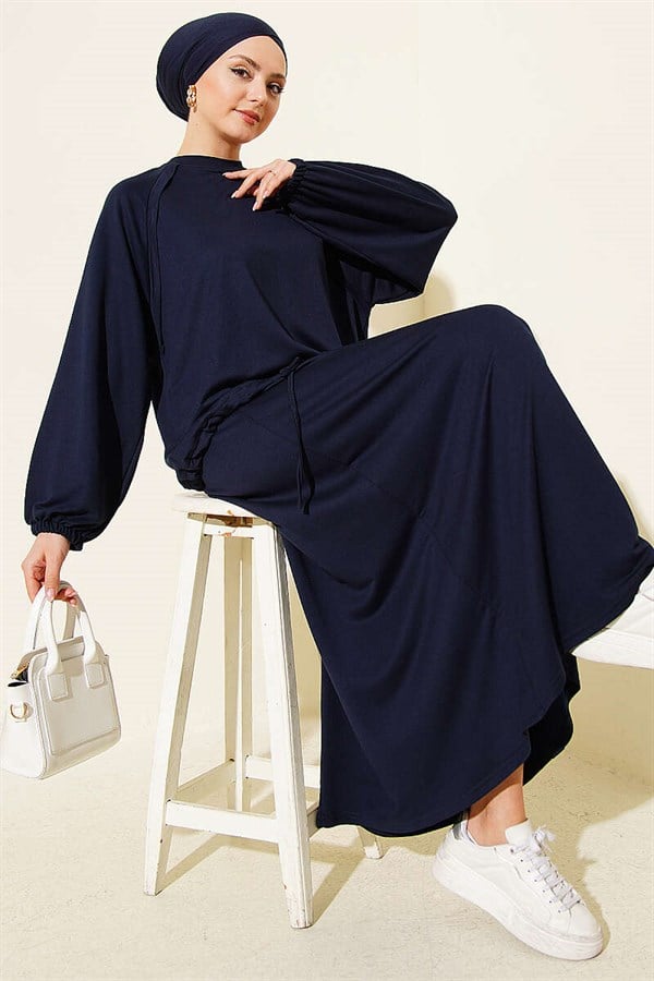 Navy Blue Lace-Up Tunnel Skirt Set