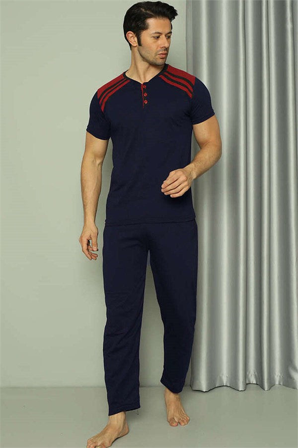 Three-Button Plaid Detail Short-Sleeve Men's Pajama Set Navy Burgundy
