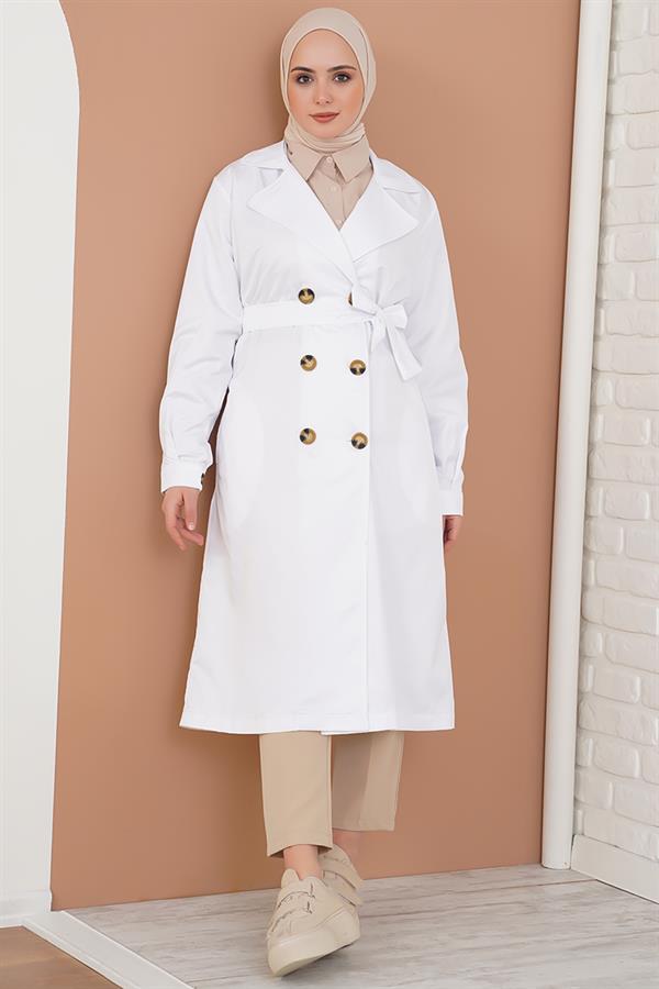 Three-Button Double-Breasted White Trench Coat