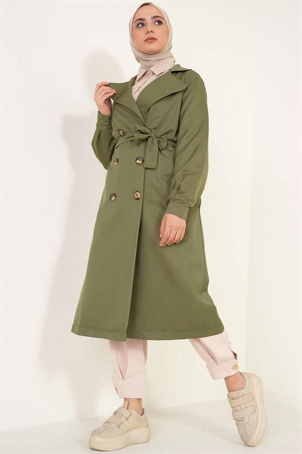 Three-Button Double-Breasted Khaki Trench Coat