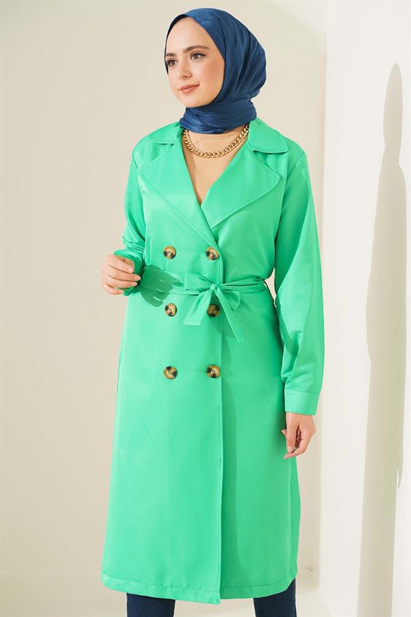 Three-Button Double-Breasted Green Trench Coat