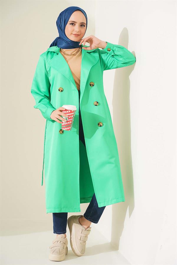 Three-Button Double-Breasted Green Trench Coat