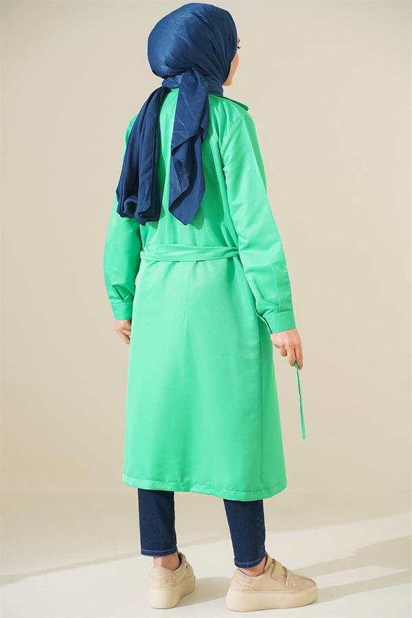 Three-Button Double-Breasted Green Trench Coat
