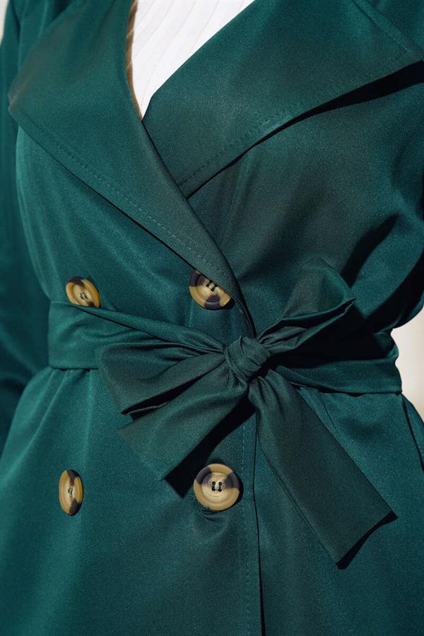 Three-Button Double-Breasted Emerald Trench Coat