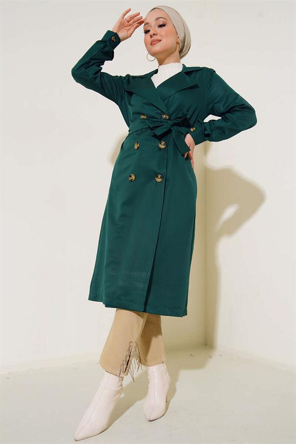 Three-Button Double-Breasted Emerald Trench Coat