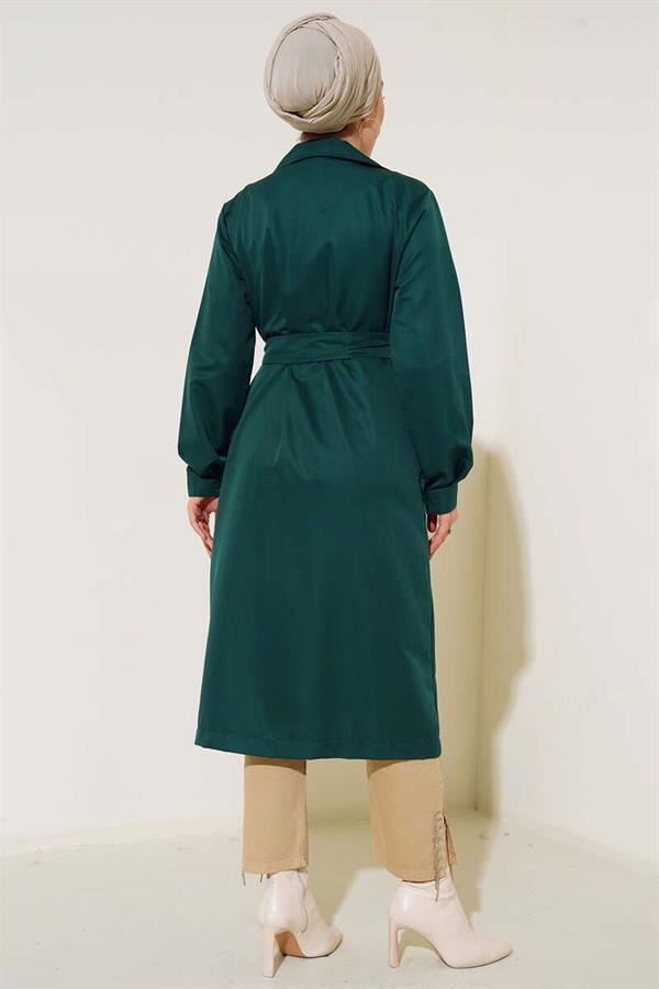 Three-Button Double-Breasted Emerald Trench Coat