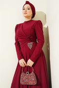 Burgundy Draped Tulle Evening Dress with Triangle Stone Details